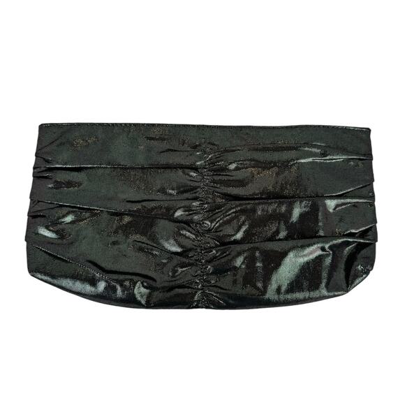 Amici Metallic Shiny Black Silver Shiny Metallic Pleated Ruched Zip Top Clutch - Picture 1 of 7